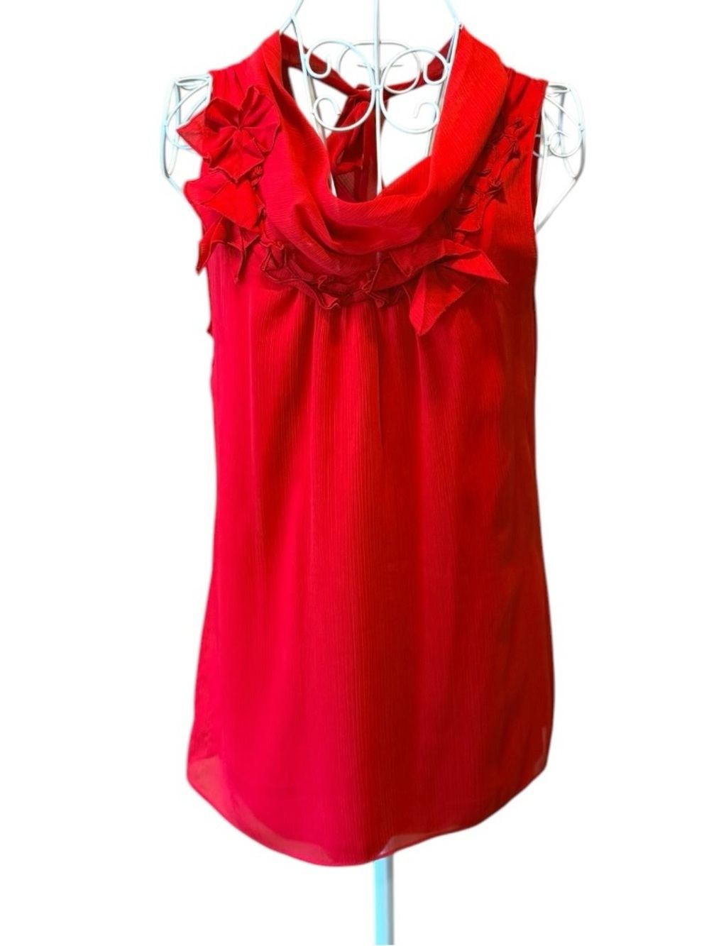Tahari Red Sleeveless Cowl Neck Ruffle Flower Blouse Top Size S